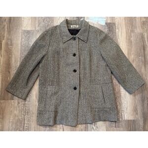 VTG Herman Kay Grey Wool Herringbone Buttoned Pea Coat USA Made Size Large XL